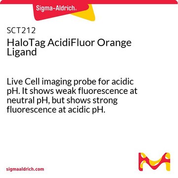 HaloTag AcidiFluor Orange Ligand Live Cell imaging probe for acidic pH. It shows weak fluorescence at neutral pH, but shows strong fluorescence at acidic pH.