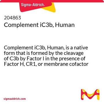 Complement iC3b, Human Complement iC3b, Human, is a native form that is formed by the cleavage of C3b by Factor I in the presence of Factor H, CR1, or membrane cofactor protein.