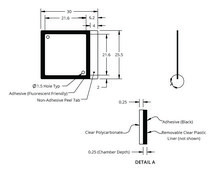 Grace Bio-Labs HybriWell-FL™ sealing system, Fluor-"friendly" adhesive chamber chamber volume 30-50 μL, L × W × thickness 22 mm × 22 mm × 0.25 mm, port diam. 1.5 mm