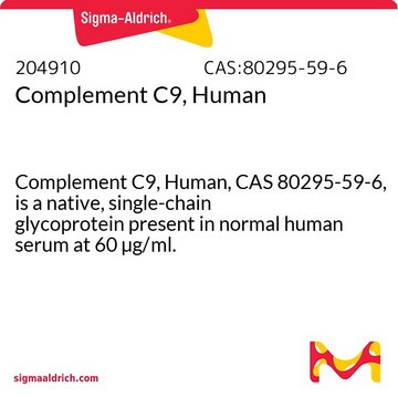 补体C9，人 Complement C9, Human, CAS 80295-59-6, is a native, single-chain glycoprotein present in normal human serum at 60 &#181;g/ml.