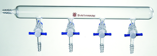 Synthware&#8482; vacuum manifold with PTFE stopcocks number of ports, 4, Hose Connection: left, stopcock size 4&#160;mm