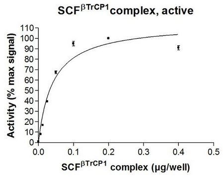 SCF-TrCP1 Protein Complex, Active, 10 &#181;g Active complex of four (4) recombinant human enzymes: full length Skp1, full length Cul1, full length Rbx1, &amp; &#946;TrCP1 (amino acids 53-end). For use in Enzyme Assays. Functions as an E3 ligase in ubiquitination assays.