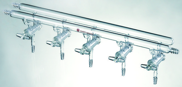 Synthware&#8482; all-glass vacuum/inert gas manifold with hollow high vacuum stopcocks number of ports, 3, Hose Connections: Front-left-right, Rear-left