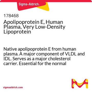 Apolipoprotein E, Human Plasma, Very Low-Density Lipoprotein Native apolipoprotein E from human plasma. A major component of VLDL and IDL. Serves as a major cholesterol carrier. Essential for the normal catabolism of triglyceride-rich lipoprotein constituents.