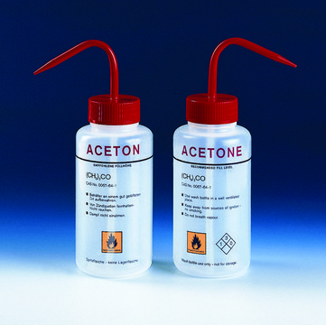 BRAND&#174; wash bottle, wide-mouth, labelled, LDPE capacity 500&#160;mL, label, Acetone, without venting valve