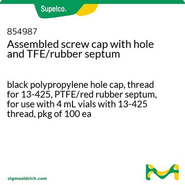 Assembled screw cap with hole and TFE/rubber septum black polypropylene hole cap, thread for 13-425, PTFE/red rubber septum, for use with 4 mL vials with 13-425 thread, pkg of 100&#160;ea