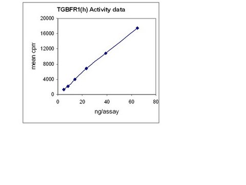 TGFBR-1 Protein, active, 10 &#181;g Active, N-terminal GST-tagged, recombinant, human TGFBR1 amino acids 200&#8211;end containing a T204D mutation, expressed by baculovirus in Sf21 insect cells. Purified using glutathione agarose. For use in Kinase Assays.