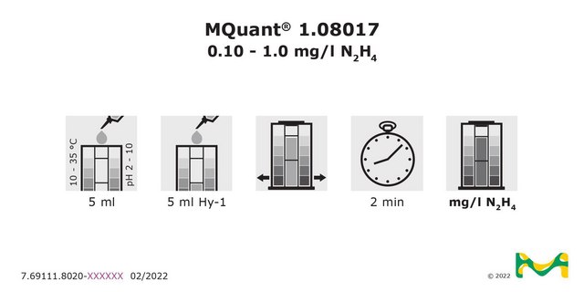 Hydrazine Test colorimetric, 0.10-1.0&#160;mg/L (N2H4), for use with MCOLORTEST&#174;