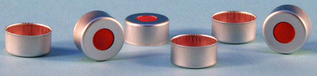 Crimp seals, 11 mm, with PTFE/rubber septa silver aluminum seal, diam. × thickness 11&#160;mm × 1.0&#160;mm, opening 4.8&#160;mm