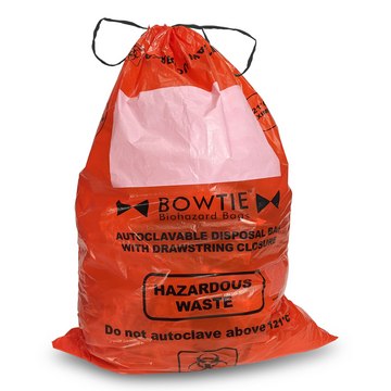 MTC&#8482; Bio BowTie&#8482; Drawstring Biohazard Bags high-density polyethylene, capacity 12&#160;gal (45&#160;L), W × L 25&#160;in. (64&#160;cm) × 35&#160;in. (89&#160;cm), with large marking area and sterilization indicator, pack of 100&#160;ea