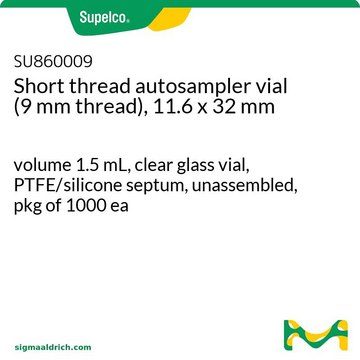 短螺纹自动进样器样品瓶（9mm 螺纹），11.6mm×32mm volume 1.5&#160;mL, clear glass vial, PTFE/silicone septum, unassembled, pkg of 1000&#160;ea