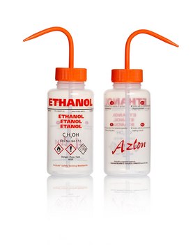 Azlon&nbsp;Multi-Lingual Safety Wash Bottles With Driplok Vapor Venting label, Ethanol (in Norwegian, Danish, Swedish, English), capacity 500&#160;mL