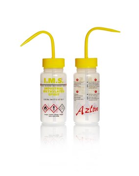 Azlon&nbsp;Multi-Lingual Unvented Wash Bottles label, I.M.S (in English, French, Spanish), capacity 250&#160;mL