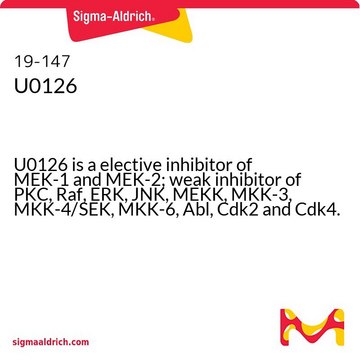 U0126 U0126 is a elective inhibitor of MEK-1 and MEK-2; weak inhibitor of PKC, Raf, ERK, JNK, MEKK, MKK-3, MKK-4/SEK, MKK-6, Abl, Cdk2 and Cdk4.