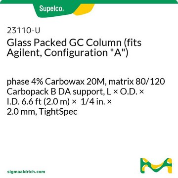 Glass Packed GC Column (fits Agilent, Configuration "A") phase 4% Carbowax 20M, matrix 80/120 Carbopack B DA support, L × O.D. × I.D. 6.6&#160;ft (2.0&#160;m) × 1/4&#160;in. × 2.0&#160;mm, TightSpec