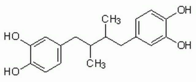 NDGA A cell-permeable antioxidant and a selective lipoxygenase (LOX) inhibitor (IC&#8325;&#8320; = 200 nM, 30 &#181;M, and 30 &#181;M for 5-LOX, 12-LOX, and 15-LOX, respectively) over cyclooxygenase (IC&#8325;&#8320; = 100 &#181;M).