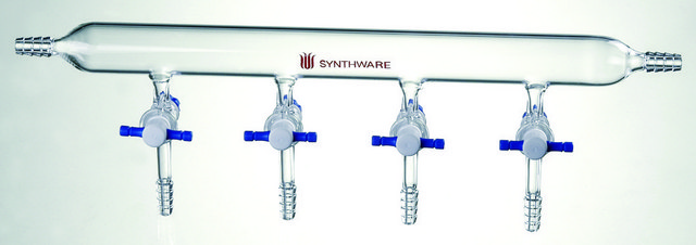 Synthware&#8482; vacuum manifold with PTFE stopcocks number of ports, 4, Hose Connection: left-right, stopcock size 2&#160;mm