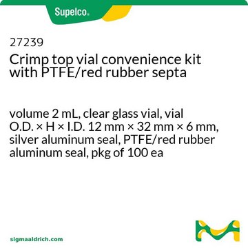 Crimp top vial convenience kit with PTFE/red rubber septa volume 2&#160;mL, clear glass vial, vial O.D. × H × I.D. 12&#160;mm × 32&#160;mm × 6&#160;mm, silver aluminum seal, PTFE/red rubber aluminum seal, pkg of 100&#160;ea