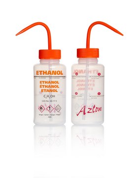 Azlon&nbsp;Multi-Lingual Safety Wash Bottles With Driplok Vapor Venting label, Ethanol (in English, French, German, Spanish), capacity 500&#160;mL