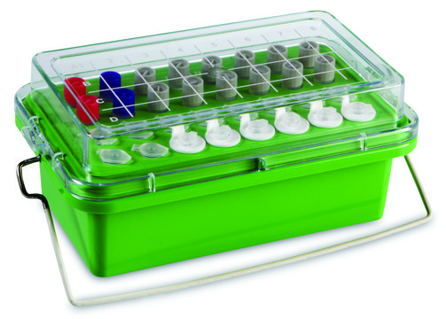 TrueNorth&#174; Mini Cooler for tubes, 0.5 &#8209; 2&#160;mL, with clear lid, temp. limit 0 °C, size 32&#160;wells, green polycarbonate