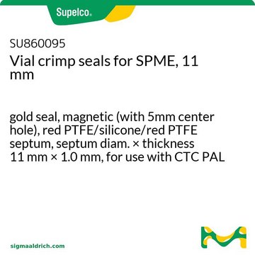 Vial crimp seals for SPME, 11 mm gold seal, magnetic (with 5mm center hole), red PTFE/silicone/red PTFE septum, septum diam. × thickness 11&#160;mm × 1.0&#160;mm, for use with CTC PAL and TriPlus autosamplers, pkg of 100&#160;ea