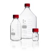 Duran® Laboratory Bottle neck Joints: threaded (GL45), clear bottle, graduated, with screw cap to drain contents, with high temperature red PBT screw-cap and ETFE pouring ring, capacity 100 mL