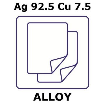 Silver-copper alloy, Ag92.5Cu7.5 foil, 25 x 25mm, 0.5mm thickness, as rolled