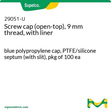 带衬垫的螺纹盖（9mm 螺纹） blue polypropylene cap, PTFE/silicone septum (with slit), pkg of 100&#160;ea