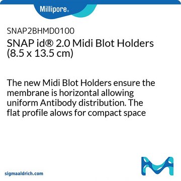 SNAP id&#174; 2.0 中型印迹支架（8.5 x 13.5 cm） The new Midi Blot Holders ensure the membrane is horizontal allowing uniform Antibody distribution. The flat profile alows for compact space allocation for storage, shipping &amp; waste management.