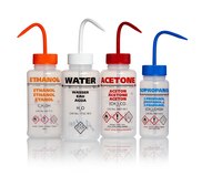 Azlon&nbsp;Multi-Lingual Safety Wash Bottles With Driplok Vapor Venting label, Acetone (in English, French, Spanish), capacity 500 mL