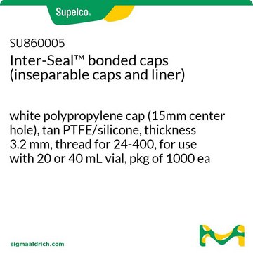 Interseal&#8482; 粘合盖（盖和衬管无法分开） white polypropylene cap (15mm center hole), tan PTFE/silicone, thickness 3.2&#160;mm, thread for 24-400, for use with 20 or 40 mL vial, pkg of 1000&#160;ea