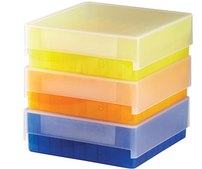 81-Well microtube storage box, for 1.5-2.0 mL tubes assorted colors, Blue, Green, Purple, Yellow, Orange, polypropylene