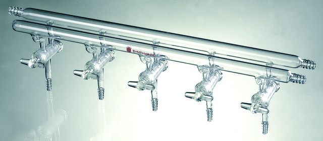 Synthware&#8482; all-glass vacuum/inert gas manifold with hollow high vacuum stopcocks number of ports, 5, Hose Connections: Front-right, Rear-left-right