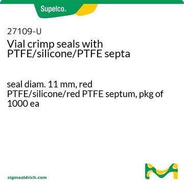 Vial crimp seals with PTFE/silicone/PTFE septa seal diam. 11&#160;mm, red PTFE/silicone/red PTFE septum, pkg of 1000&#160;ea