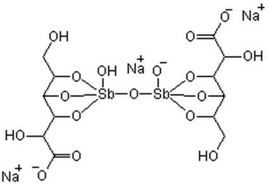 葡萄糖酸锑钠 A pentavalent antimony compound that irreversibly inhibits protein tyrosine phosphatase (PTPase) activity, including Src homology PTPase-1 (SHP-1) (99% inhibition at ~11 &#181;M) by forming a stable complex.