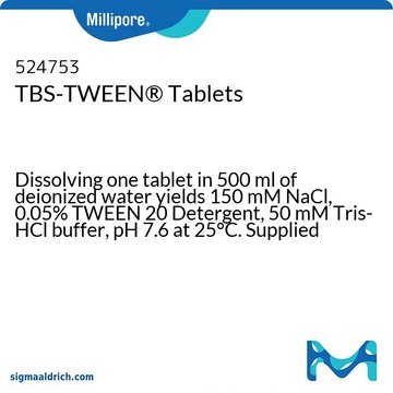 TBS-TWEEN&#174;吐温片剂 Dissolving one tablet in 500 ml of deionized water yields 150 mM NaCl, 0.05% TWEEN 20 Detergent, 50 mM Tris-HCl buffer, pH 7.6 at 25&#176;C. Supplied in convenient blister packs. Note: 1 each = 10 tablets.