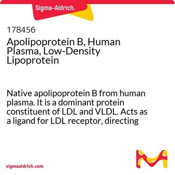 Apolipoprotein B, Human Plasma, Low-Density Lipoprotein Native apolipoprotein B from human plasma. It is a dominant protein constituent of LDL and VLDL. Acts as a ligand for LDL receptor, directing clearance of LDL from plasma to the liver.