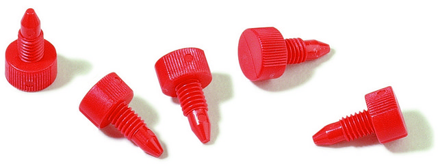 Column End Plugs for 10-32 coned ports, red Delrin&#174;, pkg of 10&#160;ea