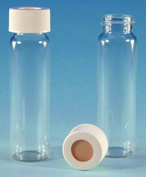 EPA Vials, white polypropylene screw top hole cap, pre-cleaned and assembled volume 40&#160;mL, clear glass vial, vial O.D. × H 29&#160;mm × 82&#160;mm, pkg of 72&#160;ea