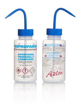 Azlon&nbsp;Multi-Lingual Unvented Wash Bottles label, Isopropanol (in EN, FR, DE, ES, Spanish), capacity 500&#160;mL