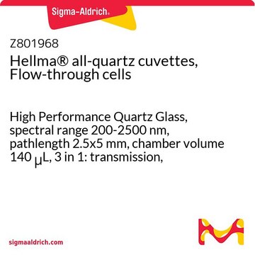 Hellma&#174; all-quartz cuvettes, Flow-through cells High Performance Quartz Glass, spectral range 200-2500 nm, pathlength 2.5x5&#160;mm, chamber volume 140&#160;&#956;L, 3 in 1: transmission, fluorescence, 2 optical path lengths