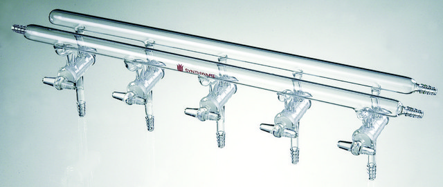 Synthware&#8482; all-glass vacuum/inert gas manifold with solid high vacuum stopcocks number of ports, 5, Hose Connections: Front-left-right, Rear-right