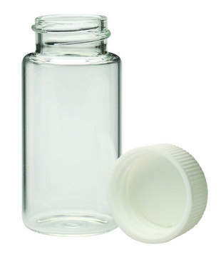 WHEATON&#174; liquid scintillation vial with seperate foamed PE lined PP cap lips on vial transparent borosilicate glass bottle, capacity (20), screw cap, case of 500&#160;ea Vials shrink-wrapped trays Screw caps in a separate sealed tray