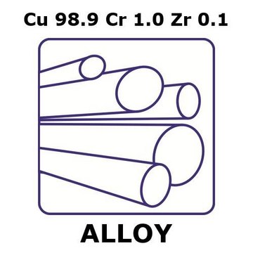 Copper-chromium-zirconium alloy, Cu98.9Cr1.0Zr0.1 200mm rod, 25mm diameter