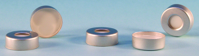 带 PTFE/硅胶隔垫的钳口密封盖 silver aluminum seal, seal diam. 20&#160;mm, open center, white PTFE/silicone septum, pkg of 100&#160;ea