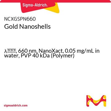 Gold Nanoshells &#955;max, 660&#160;nm, NanoXact, 0.05&#160;mg/mL in water, PVP 40 kDa (Polymer)