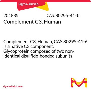 补体C3，人 Complement C3, Human, CAS 80295-41-6, is a native C3 component. Glycoprotein composed of two non-identical disulfide-bonded subunits of 115 kDa (&#945;) and 75 kDa (&#946;).