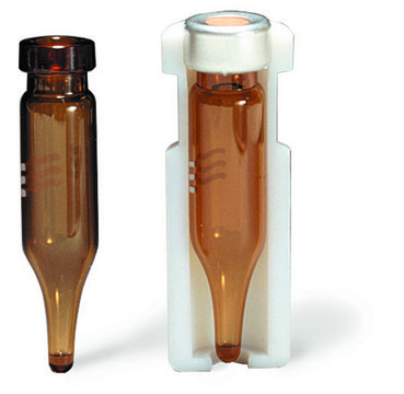 Crimp top microvial, requiring a 8 mm seal volume 0.6&#160;mL, amber glass vial, O.D. × H 7&#160;mm × 30&#160;mm , conical, pkg of 200&#160;ea