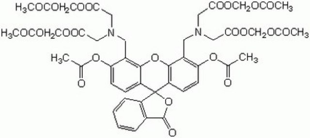 钙黄绿素-AM A cell-permeable, non-fluorescent, and hydrophobic compound, which is rapidly hydrolyzed by intracellular esterases releasing the membrane-impermeable, hydrophilic, and intensely fluorescent calcein.