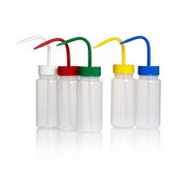 Azlon&nbsp;Square Shoulder Unvented Wash Bottles wide-neck, low-density polyethylene bottle, polypropylene closure (one of each color), capacity 250 mL